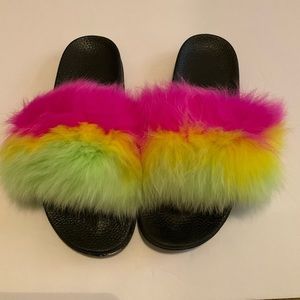 Neon Green Yellow & Pink Tricolor Vegan Fur Slides
